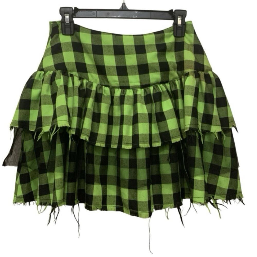 Hot Topic Neon Green Black Buffalo Plaid Layered Mini Skirt Raw Hem Small